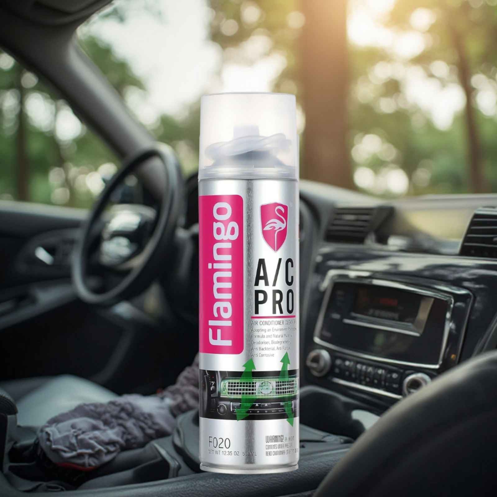 Flamingo A/C Pro car air conditioner cleaner foam spray can placed inside a vehicle cabin, designed to clean and deodorize automotive air conditioning systems.