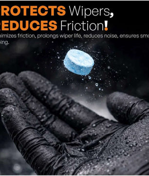 Auto glass cleaner tablet dissolving in water, helping reduce wiper friction, minimize noise, improve wiping performance, and extend windshield wiper life.