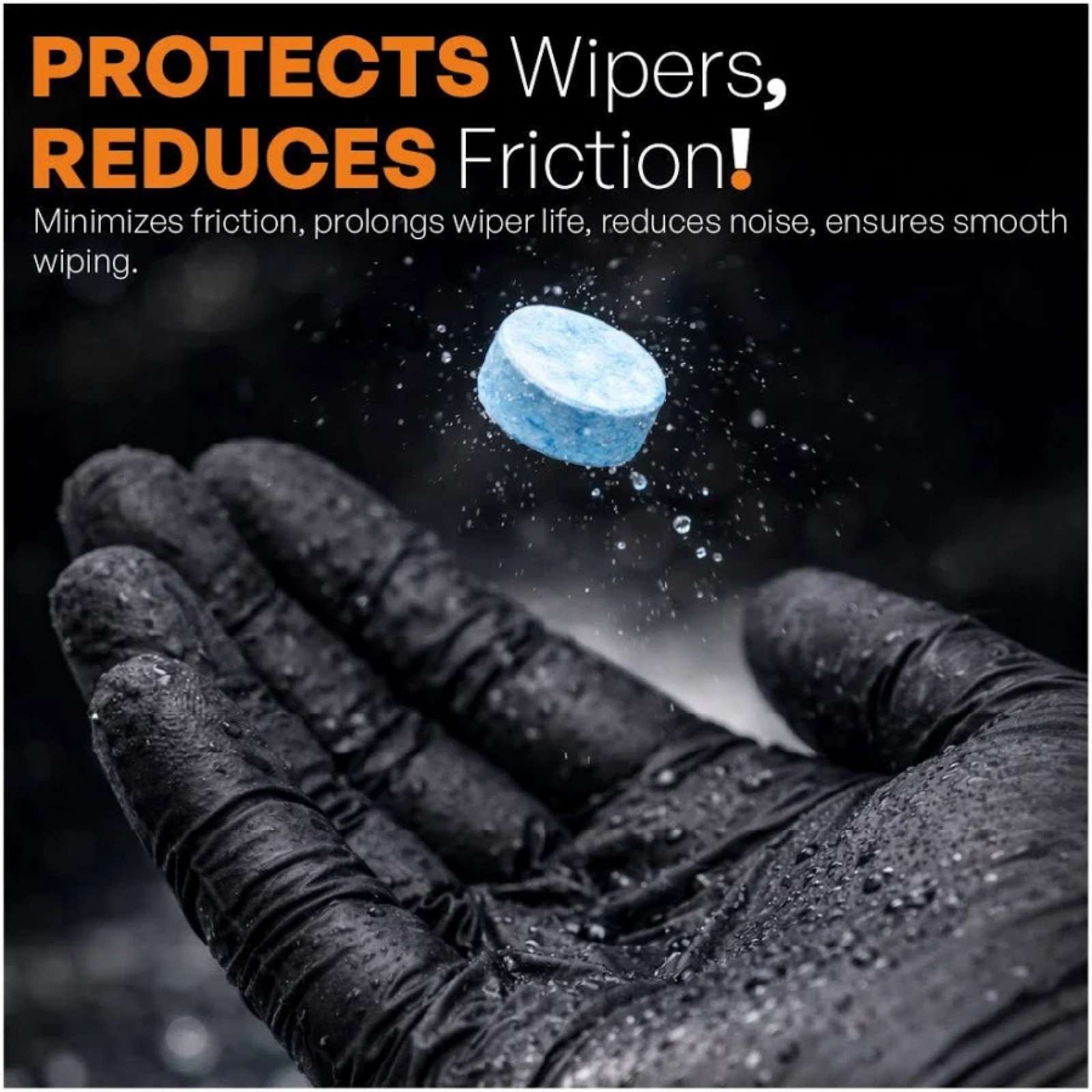 Auto glass cleaner tablet dissolving in water, helping reduce wiper friction, minimize noise, improve wiping performance, and extend windshield wiper life.