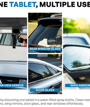 Auto glass cleaner tablet used on rear-view mirrors, side mirrors, door glass, and rear windshield for streak-free cleaning and improved visibility.