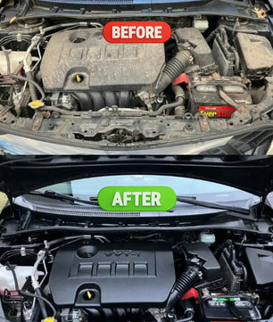 Before and after engine bay cleaning with Kangaroo Engine Cleaner.
