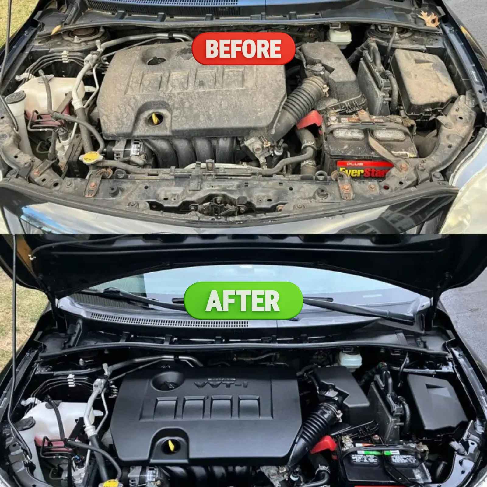 Before and after engine bay cleaning with Kangaroo Engine Cleaner.