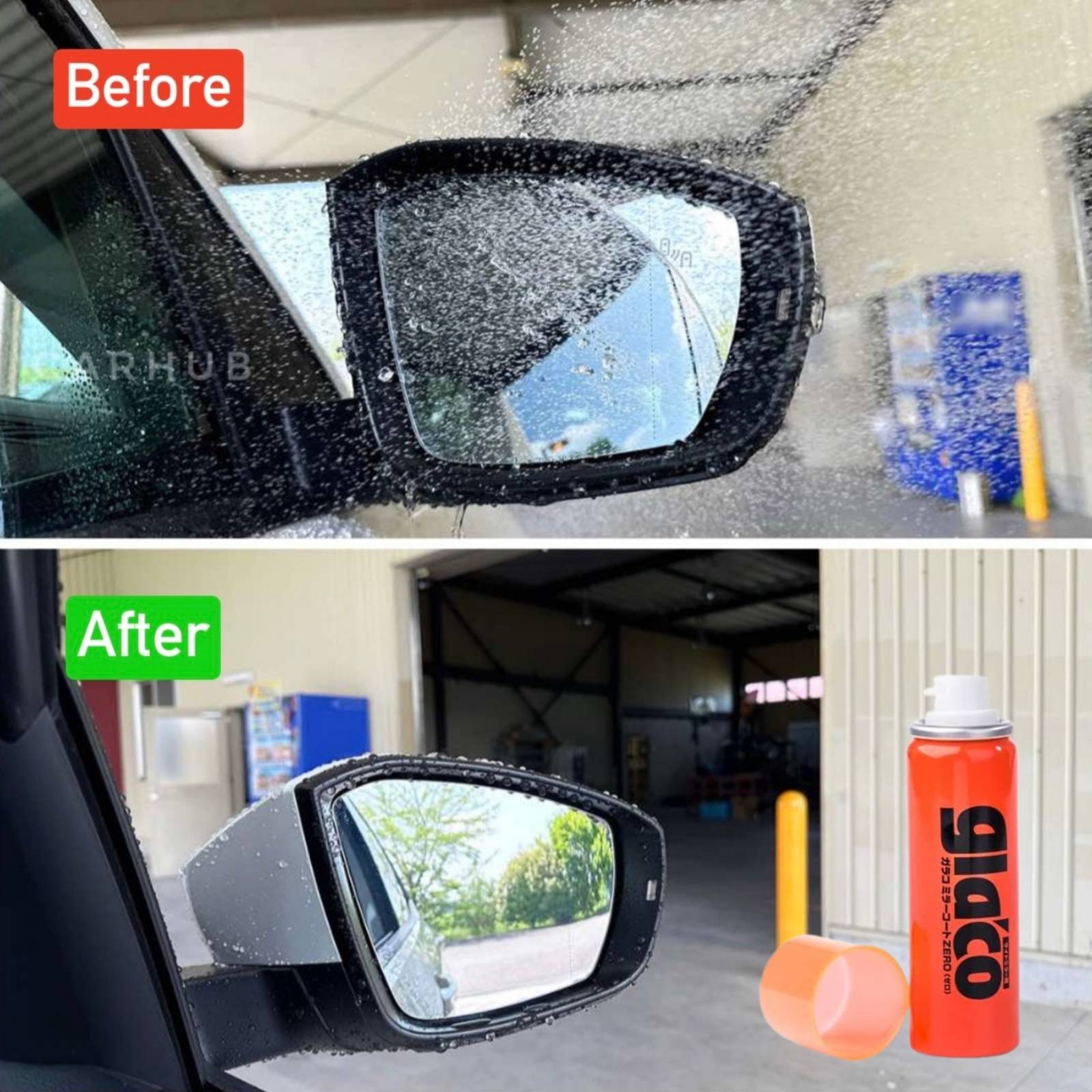 Car side mirror before and after rain test using Soft99 Glaco Mirror Coat Zero hydrophobic coating