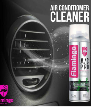 Flamingo A/C Pro car air conditioner cleaner aerosol spray next to a vehicle air vent.
Automotive AC cleaner spray by Flamingo A/C Pro for removing odors and maintaining clean air vents.