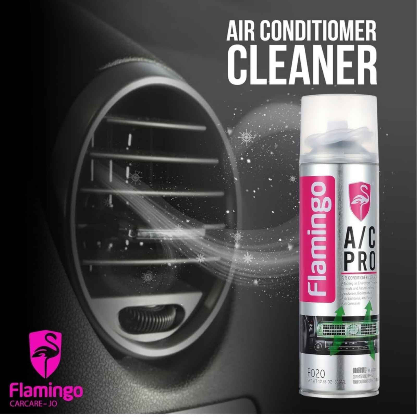 Flamingo A/C Pro car air conditioner cleaner aerosol spray next to a vehicle air vent.
Automotive AC cleaner spray by Flamingo A/C Pro for removing odors and maintaining clean air vents.