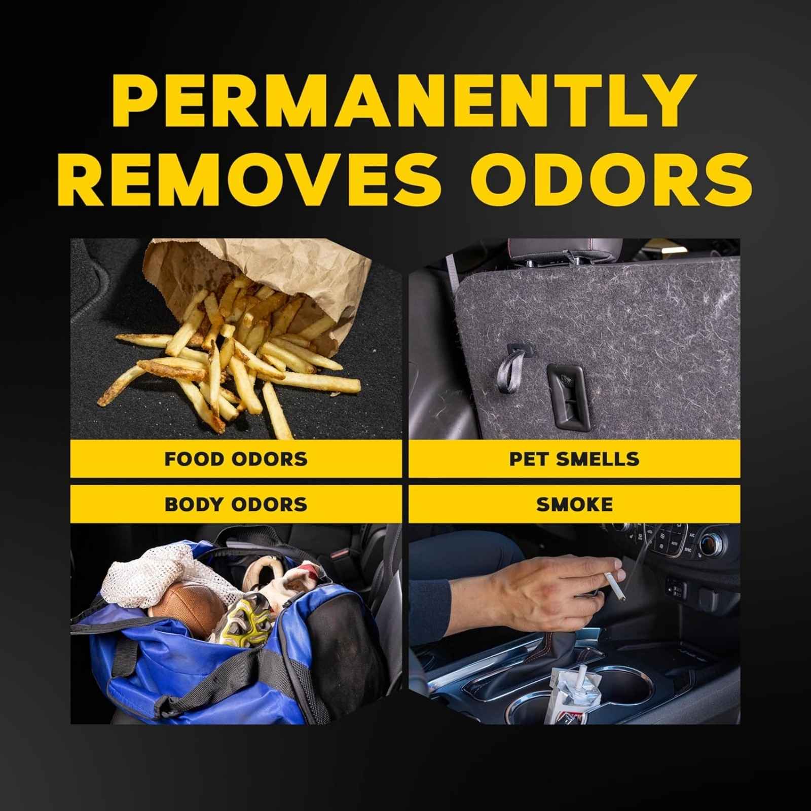 Automotive air conditioner cleaner designed to remove common vehicle odors including smoke and pet smells.