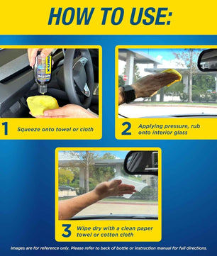 Step-by-step guide showing how to apply Rain-X Anti-Fog solution to interior windshield glass using a microfiber cloth and drying towel.