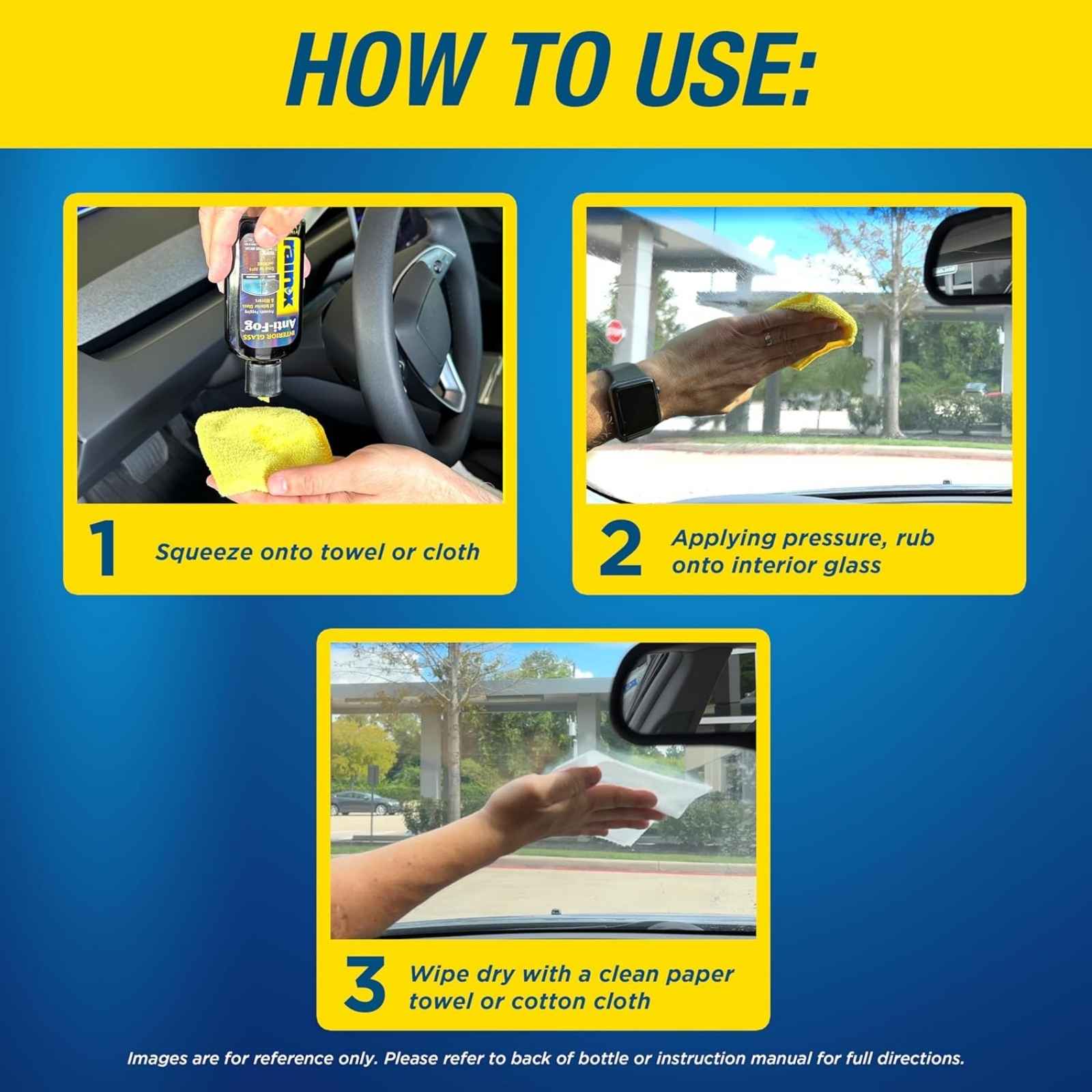 Step-by-step guide showing how to apply Rain-X Anti-Fog solution to interior windshield glass using a microfiber cloth and drying towel.