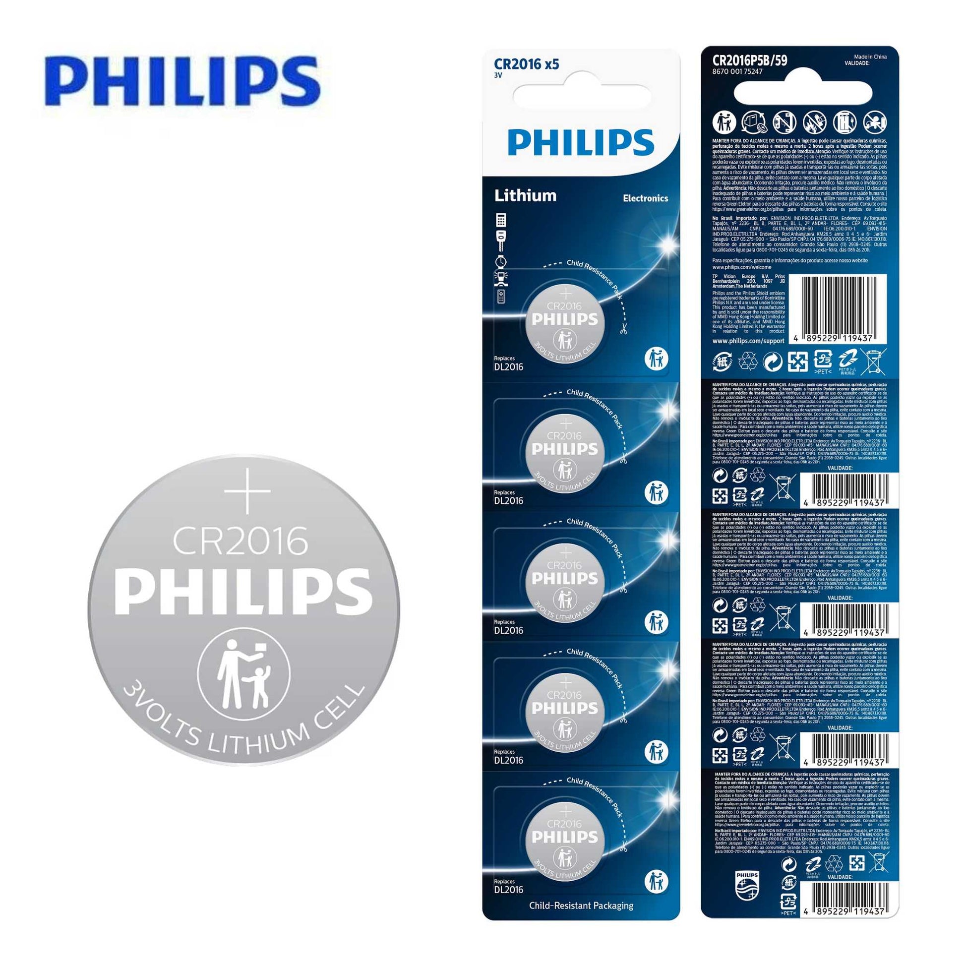 Philips CR2016 3V Lithium Coin Battery for Car Remote & Key