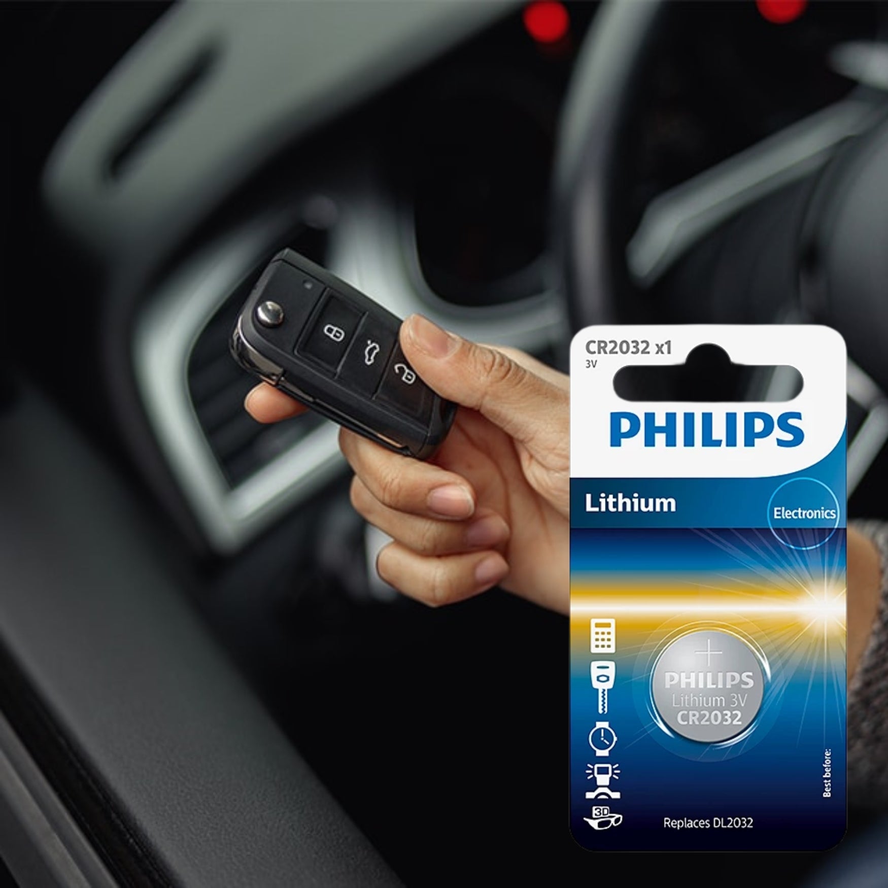 Philips CR2032 3V Lithium Coin Battery for Car Remote & Key