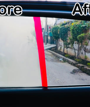 Car side window comparison showing heavy fog on untreated glass and crystal-clear visibility after applying Rain-X Anti-Fog solution