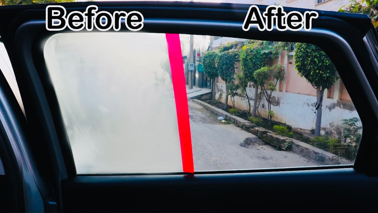 Car side window comparison showing heavy fog on untreated glass and crystal-clear visibility after applying Rain-X Anti-Fog solution
