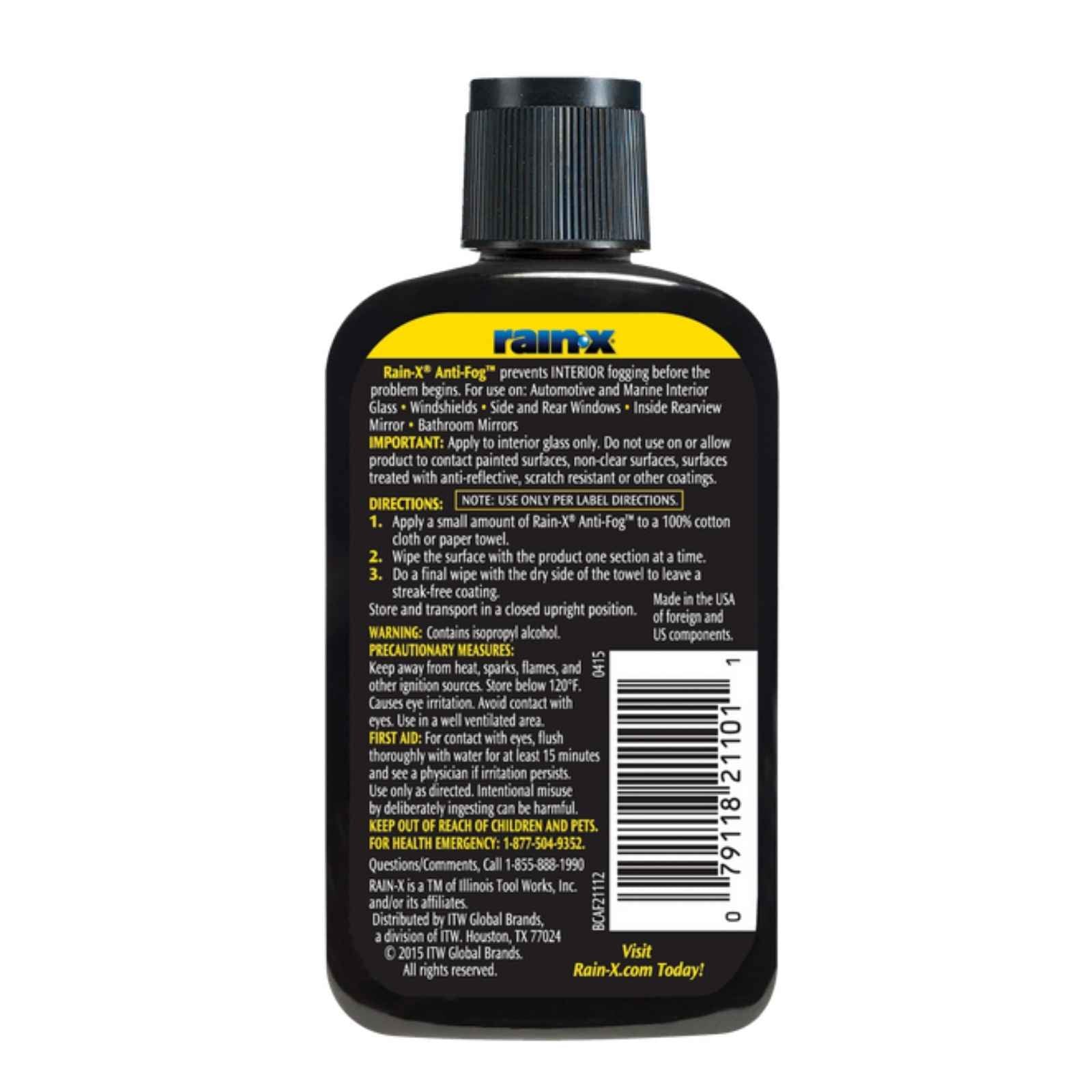 Back label of Rain-X Anti-Fog Interior Glass Treatment bottle showing application instructions, safety warnings, barcode, and product information for automotive windshield and window fog prevention.
