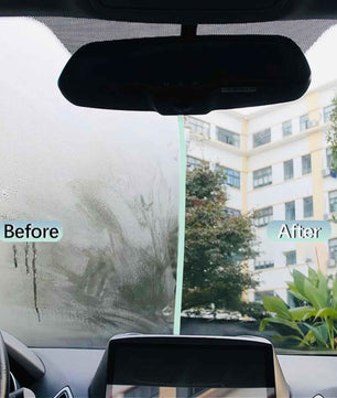 Before and after demonstration of Rain-X Anti-Fog on a vehicle windshield showing improved visibility and reduced glass fogging.