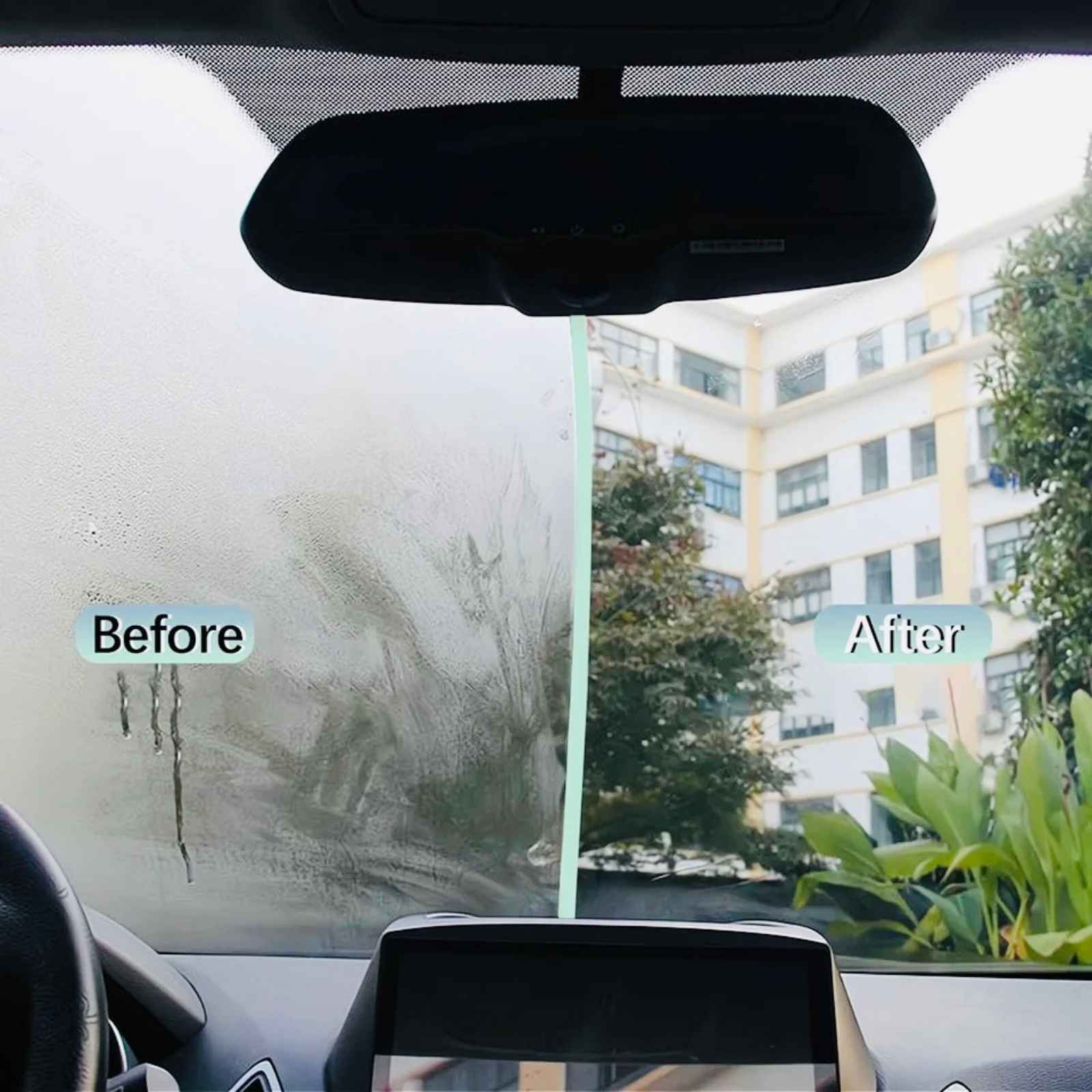 Before and after demonstration of Rain-X Anti-Fog on a vehicle windshield showing improved visibility and reduced glass fogging.