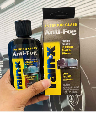 Original Rain-X Anti-Fog glass treatment product and box packaging for preventing interior windshield and mirror fog buildup in vehicles.