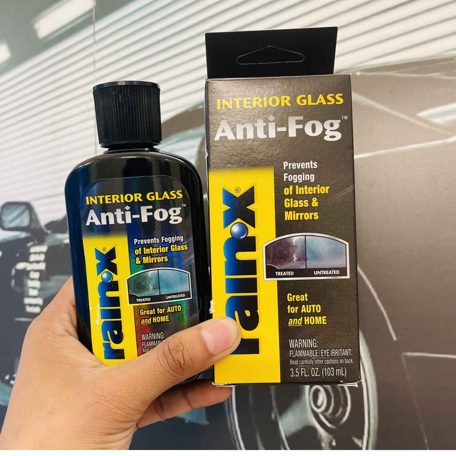 Original Rain-X Anti-Fog glass treatment product and box packaging for preventing interior windshield and mirror fog buildup in vehicles.