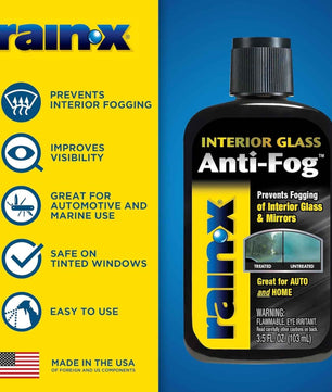 Rain-X Interior Glass Anti-Fog treatment bottle with key features including fog prevention, improved visibility, safe use on tinted windows, and automotive glass protection.