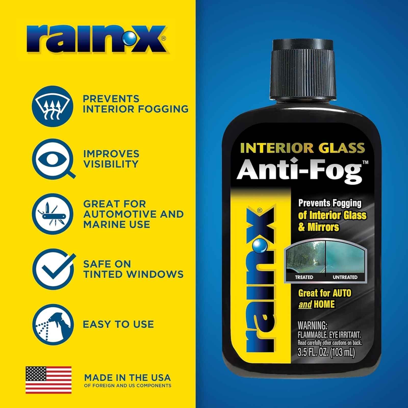 Rain-X Interior Glass Anti-Fog treatment bottle with key features including fog prevention, improved visibility, safe use on tinted windows, and automotive glass protection.