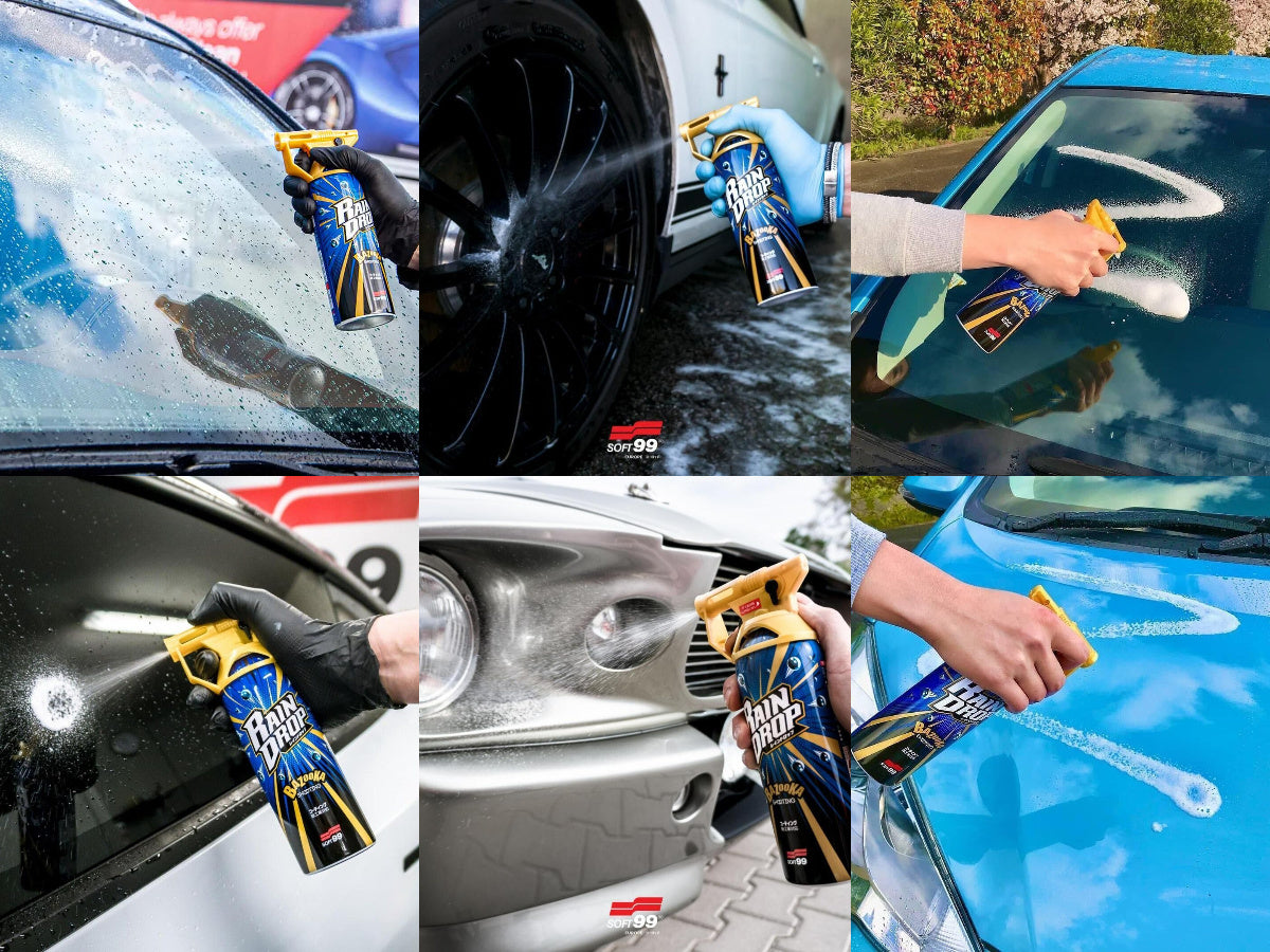 Rain Trap Bazooka compressed air duster removing water droplets and debris from a car windshield during automotive detailing.