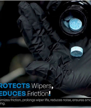 Windshield washer cleaning tablet formulated to reduce wiper friction, improve wiping smoothness, prevent noise, and maintain clear visibility during driving.