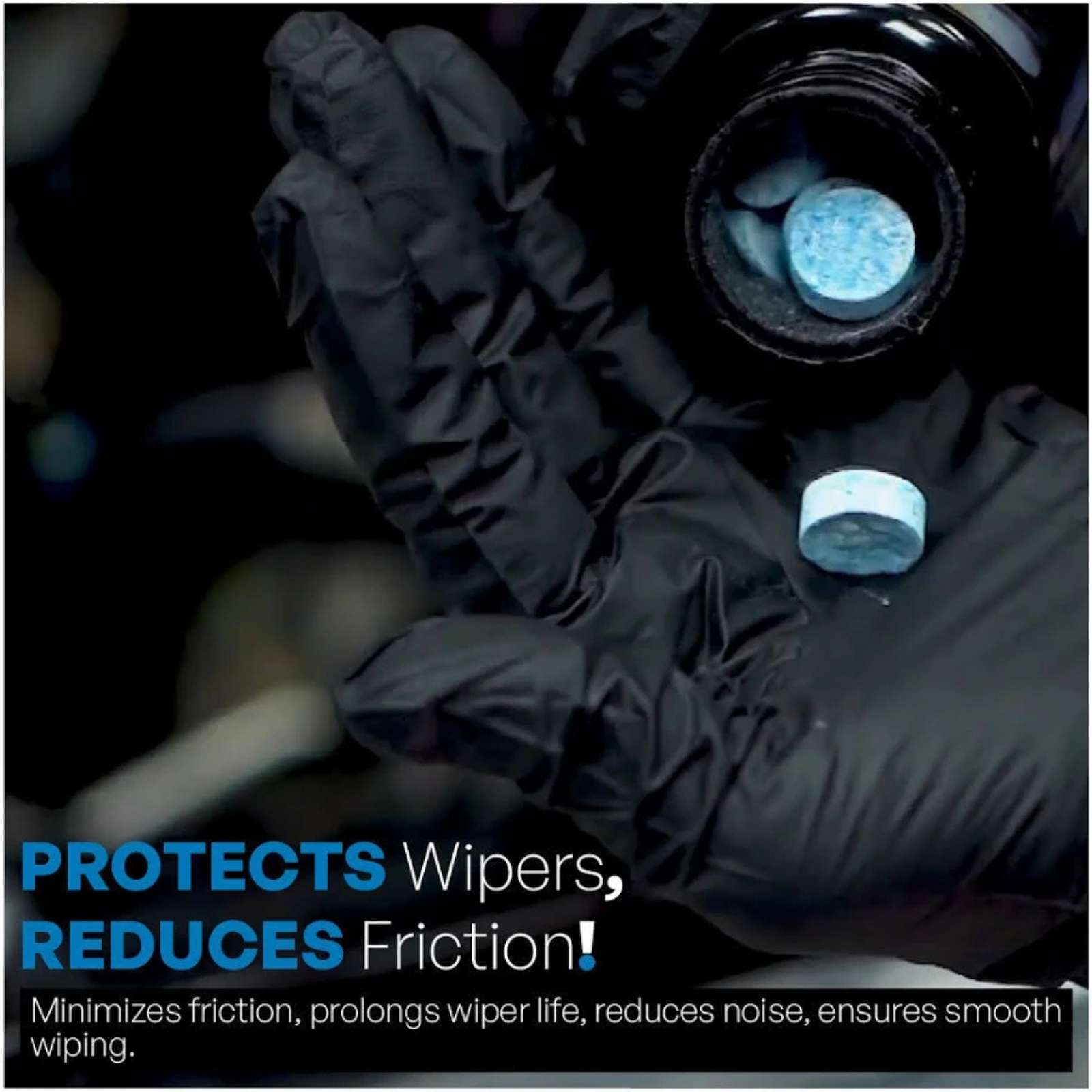 Windshield washer cleaning tablet formulated to reduce wiper friction, improve wiping smoothness, prevent noise, and maintain clear visibility during driving.