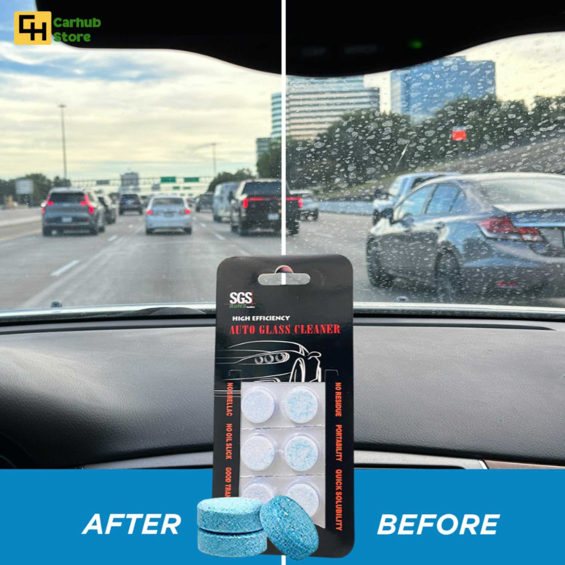 before and after usage of car windshield washer fluid tablet