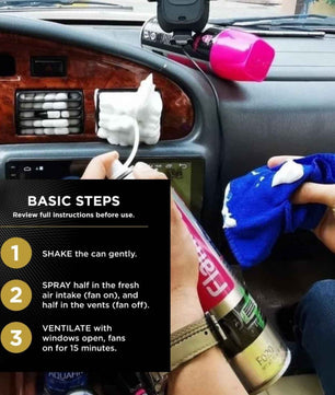 Person applying Flamingo A/C Pro car air conditioner cleaner inside a vehicle, demonstrating the basic steps for cleaning and refreshing automotive AC vents and air intake systems.