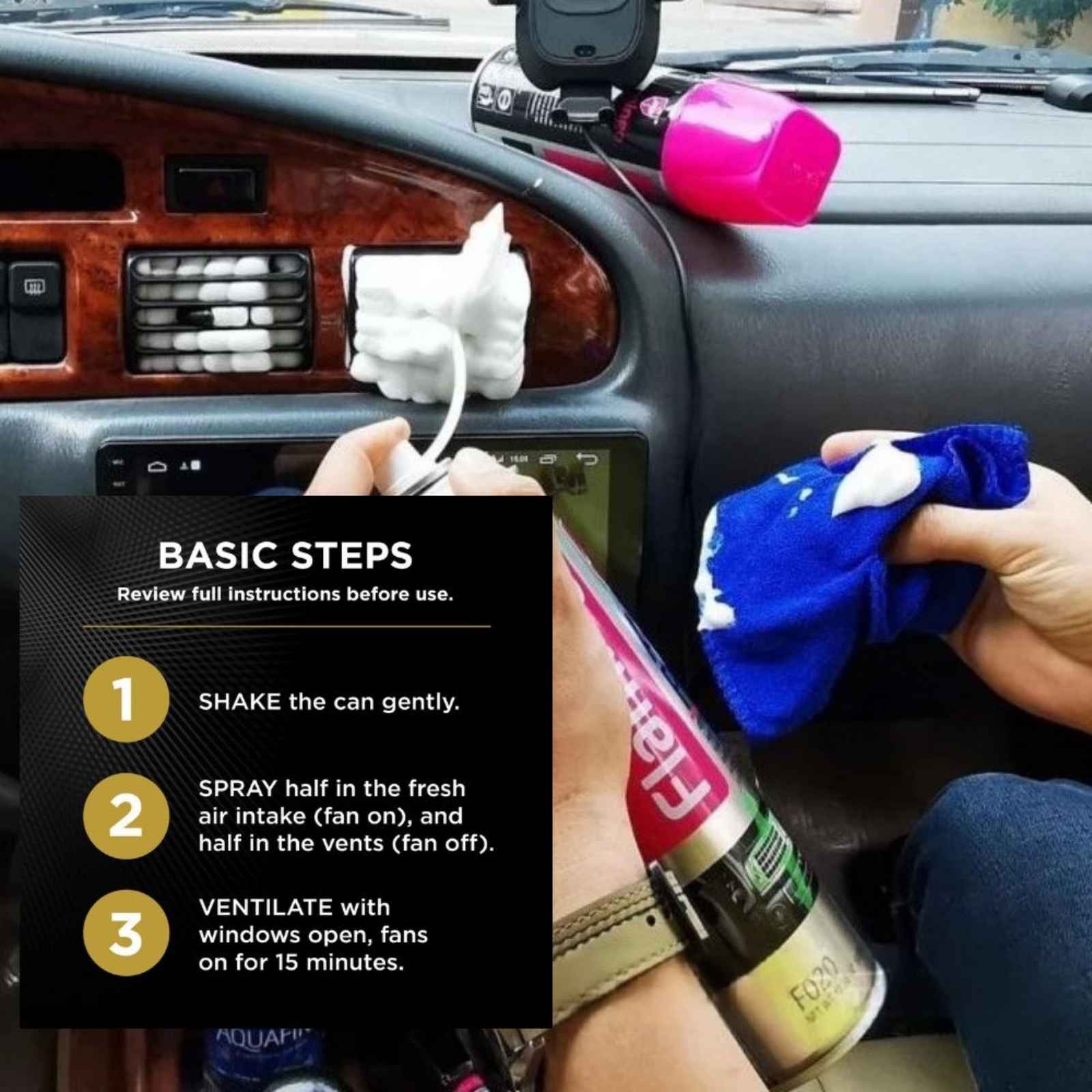 Person applying Flamingo A/C Pro car air conditioner cleaner inside a vehicle, demonstrating the basic steps for cleaning and refreshing automotive AC vents and air intake systems.