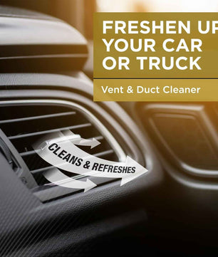 Car dashboard air vent with airflow graphic and "Cleans & Refreshes" message, illustrating the deodorizing and cleaning benefits of Flamingo A/C Pro vent and duct cleaner.