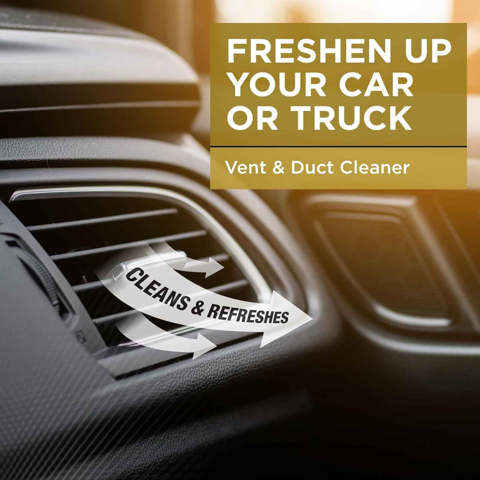 Car dashboard air vent with airflow graphic and "Cleans & Refreshes" message, illustrating the deodorizing and cleaning benefits of Flamingo A/C Pro vent and duct cleaner.