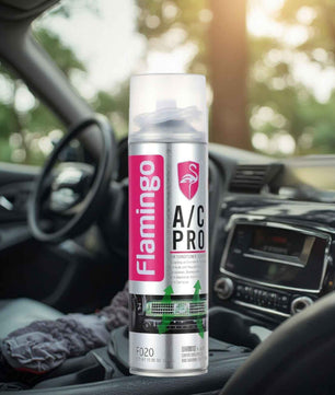 Flamingo A/C Pro car air conditioner cleaner foam spray can placed inside a vehicle cabin, designed to clean and deodorize automotive air conditioning systems.