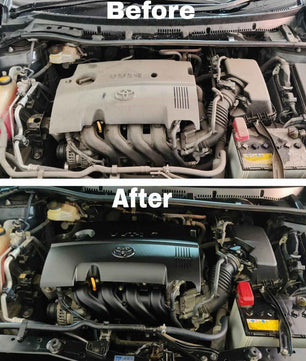 Before and after engine bay cleaning results with Kangaroo Engine Cleaner.