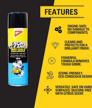 Kangaroo Engine Cleaner feature infographic highlighting engine-safe cleaning, tough grime removal, brilliant finish protection, ozone-friendly formula, and versatile use on various surfaces.
