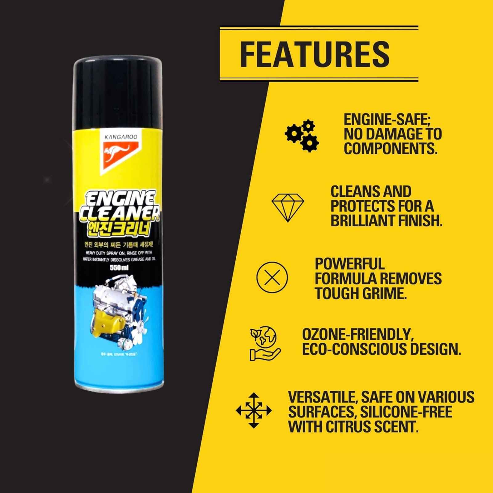 Kangaroo Engine Cleaner feature infographic highlighting engine-safe cleaning, tough grime removal, brilliant finish protection, ozone-friendly formula, and versatile use on various surfaces.