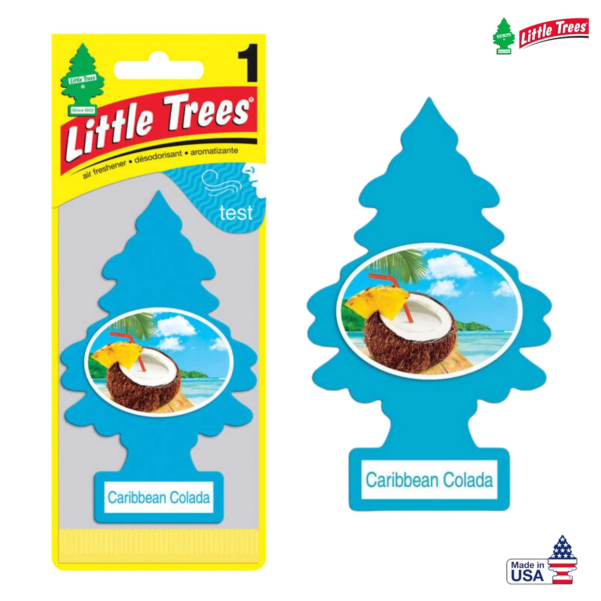 Little Trees car air freshener has a tropical, fruity scent with notes of coconut and pineapple, evoking a sweet, beachy vibe