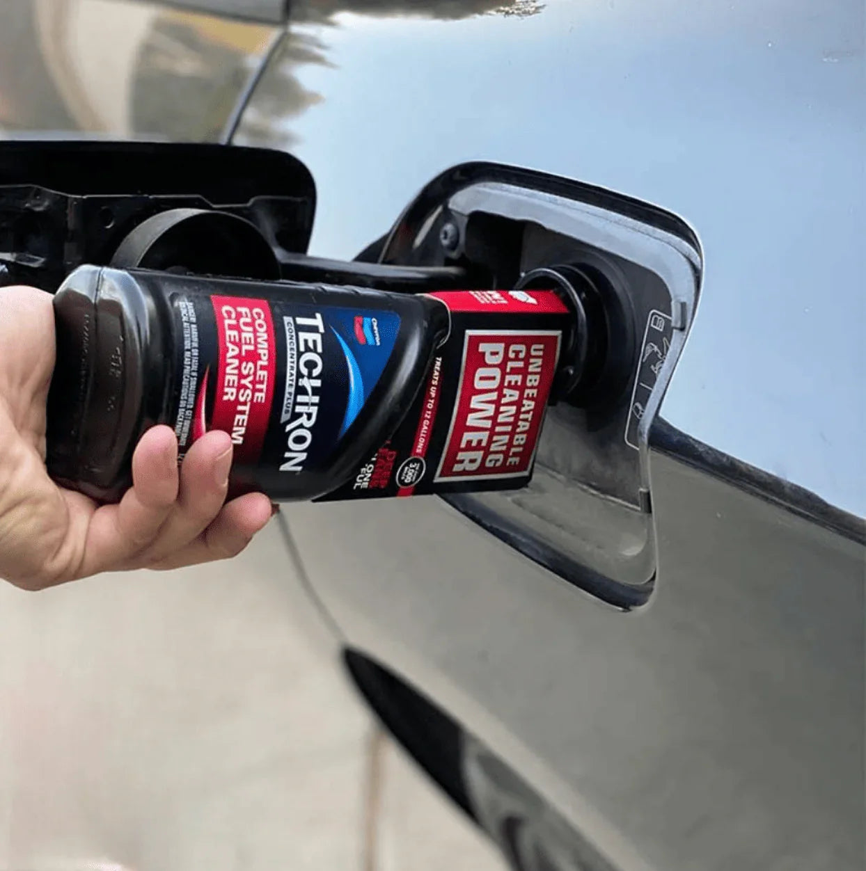 take fuel than pour the full techron bottle into the fuel tank