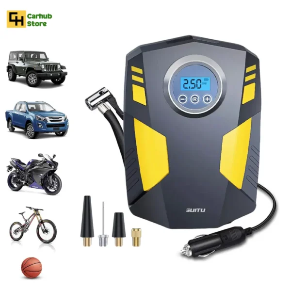 suitu portable 12v tire inflator and air compressor. Inflate car tyre, check tire pressure and adjust anytime. heavy duty device